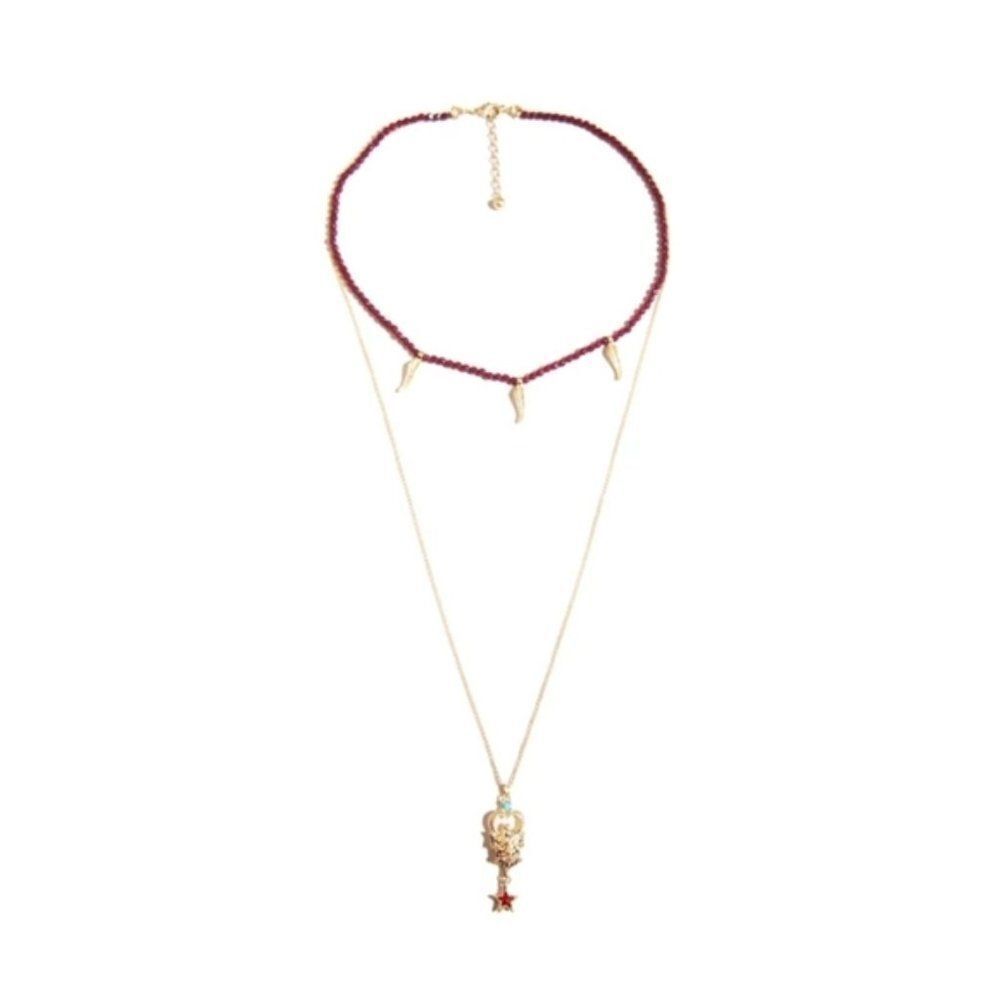 Red Beaded Abstract Rhinestone Vintage Gold Layered Pendant Necklace